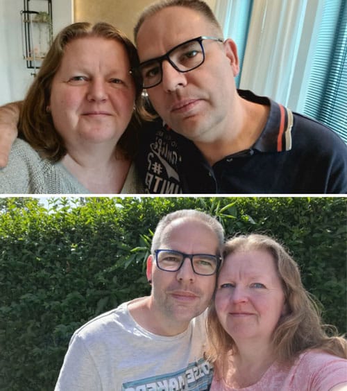 Voor en na foto van Wendy en Thanas, die aanzienlijk gewicht verloren na een maagverkleining bij WeightWorks.